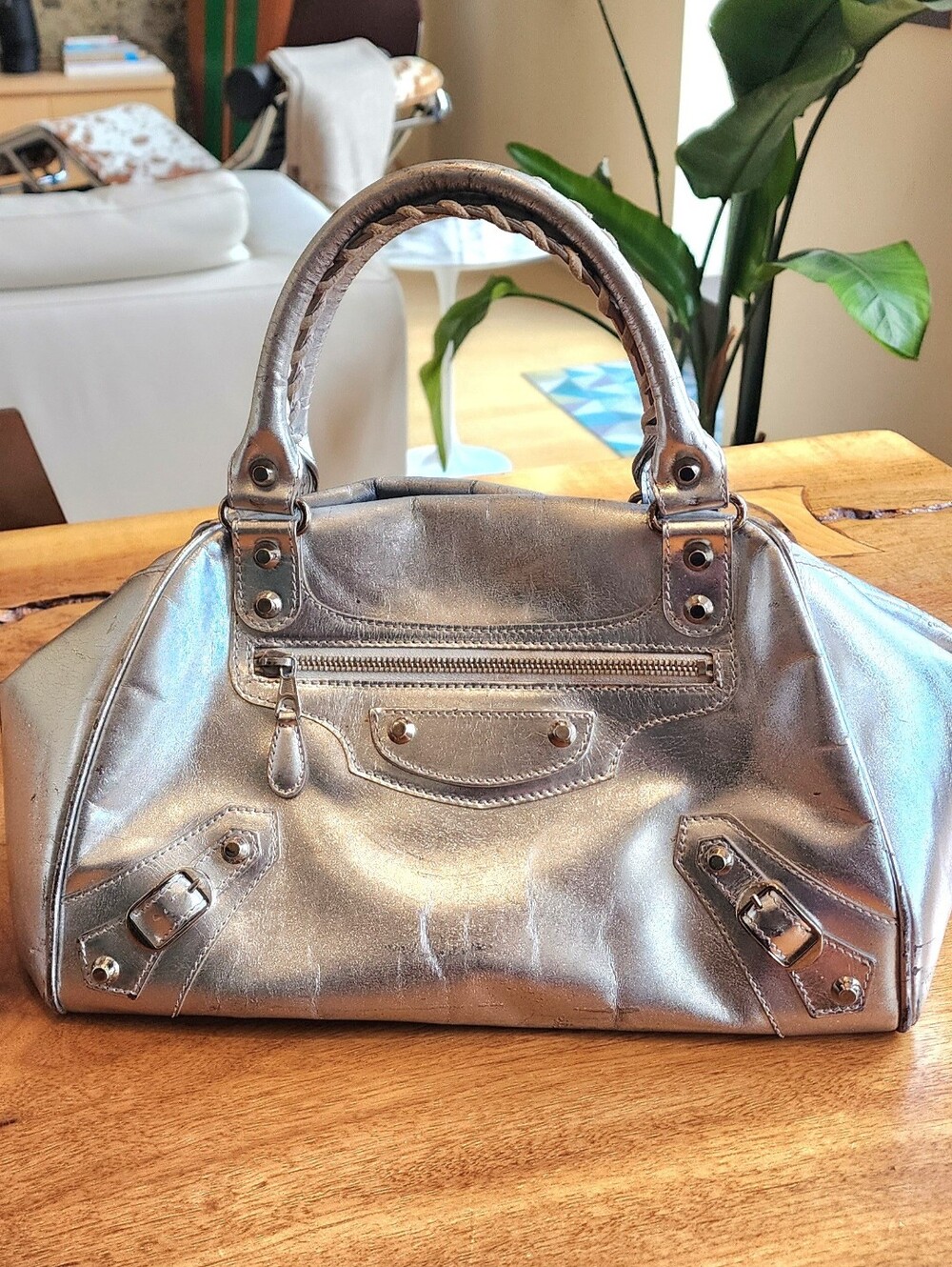 Balenciaga Metallic Silver Satchel City Bowling Bag With Braided Handles - Picture 2 of 16